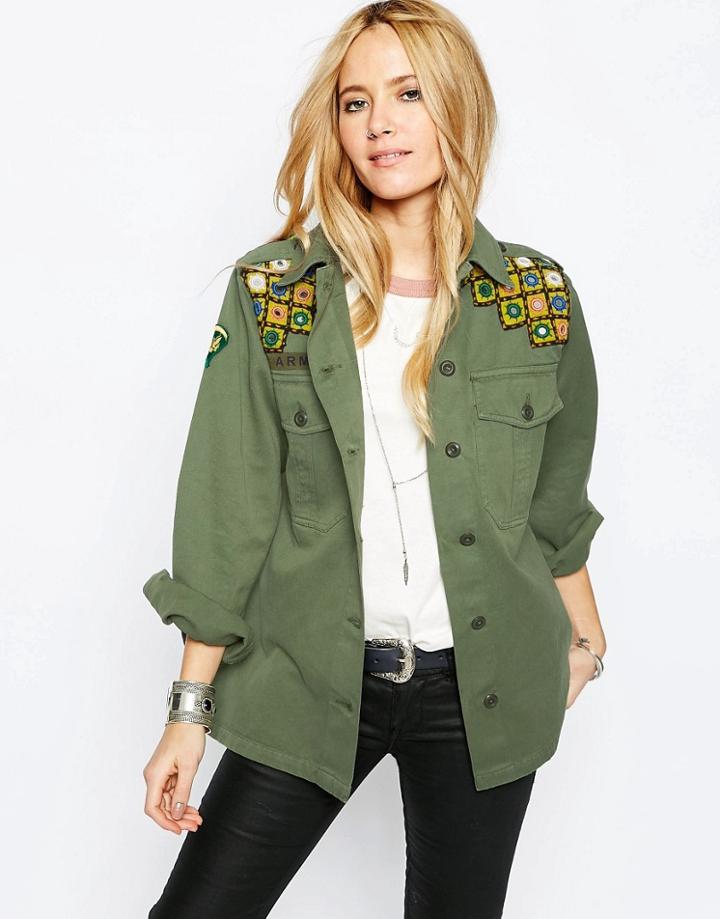 Asos Premium Festival Jacket With Mirror Embroidery - Khaki
