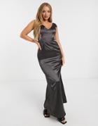 Tfnc Bridesmaid Satin Maxi Dress With Deep Plunge Back In Bronze-brown