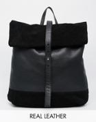 Asos Suede And Leather Roll Top Backpack - Black