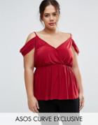 Asos Curve Top With Cold Shoulder Frill Sleeve In Slinky - Red
