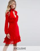 Dark Pink Ruffle Skater Dress With Pussybow - Red