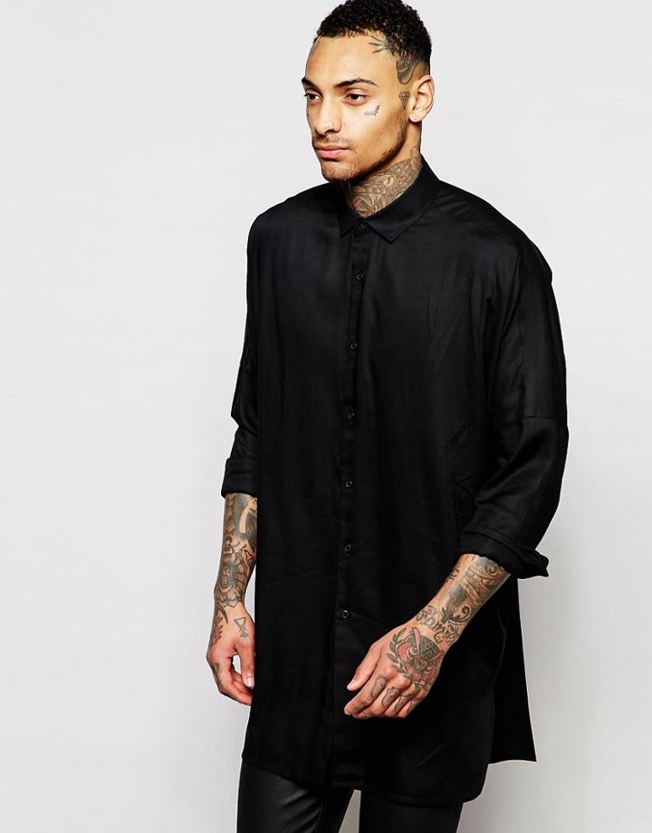 Asos Longline Shirt In Black Viscose With Batwing Long Sleeves - Black