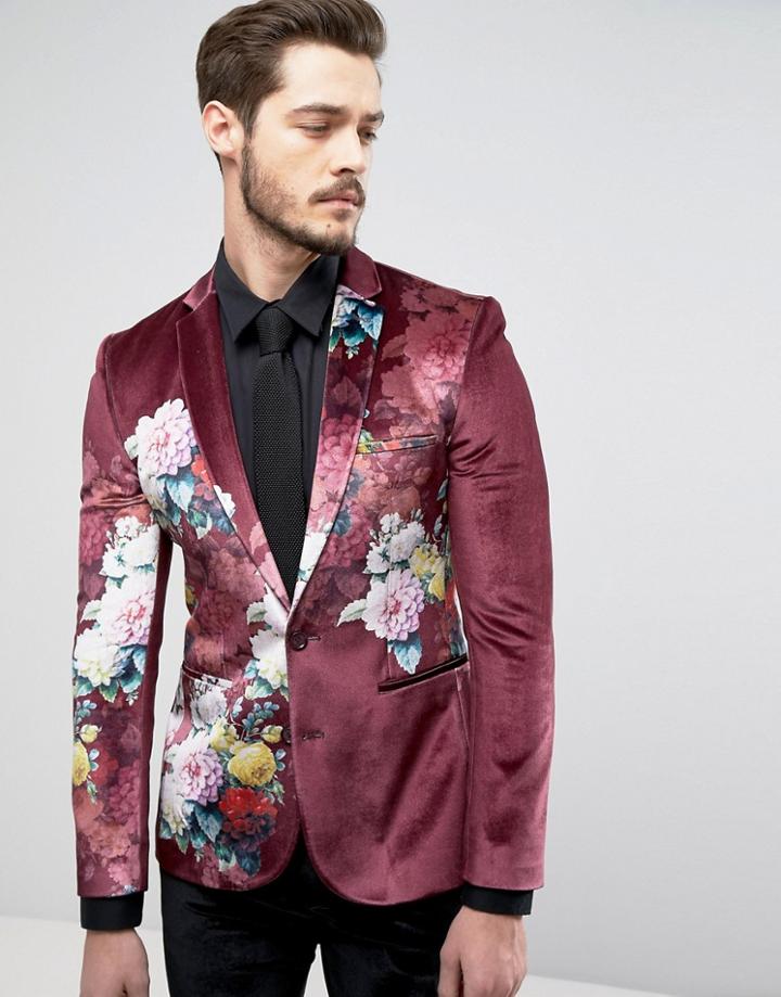Asos Super Skinny Suit Jacket In Burgundy Velvet With Floral Print-red
