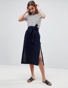 Asos Tailored Linen Paperbag Waist Split Side Midi Pencil Skirt - Navy
