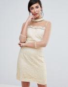 Little Mistress Shift Dress With Mesh Sleeve - Beige