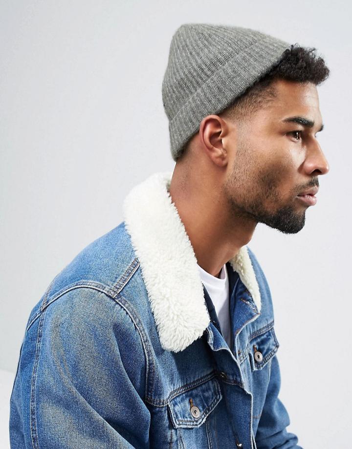 Asos Mini Cable Fisherman Beanie In Gray - Gray