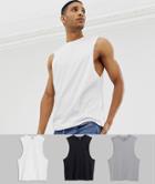 Asos Design 3 Pack Relaxed Sleeveless T-shirt With Crew Neck And Dropped Armhole Save-multi