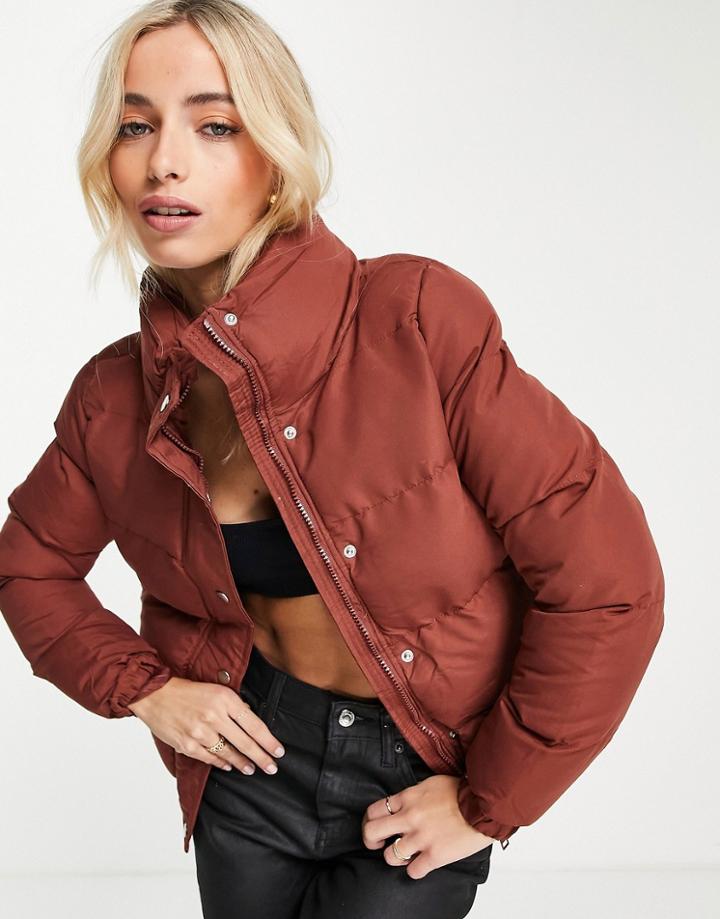 Brave Soul Slay Peach Skin Puffer Jacket In Rust-orange