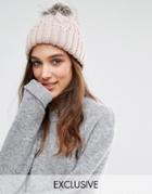 Stitch & Pieces Knitted Faux Fur Pom Beanie - Pink