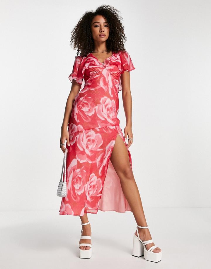 Asos Design Cape Sleeve Bias Midi Dress In Pink Floral Print-multi