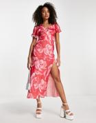 Asos Design Cape Sleeve Bias Midi Dress In Pink Floral Print-multi