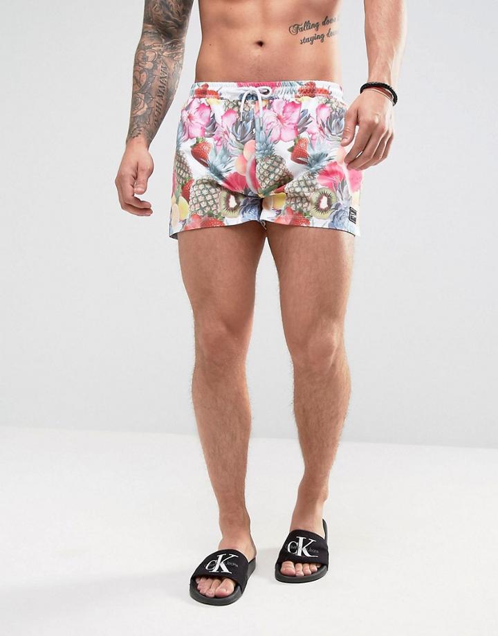Jaded London Swim Shorts In White With Tropical Fruit Print - White