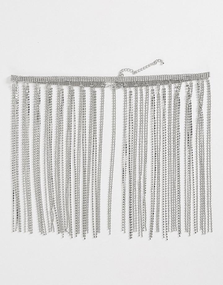 Asos Design Fringe Crystal Waist And Hip Belt In Silver