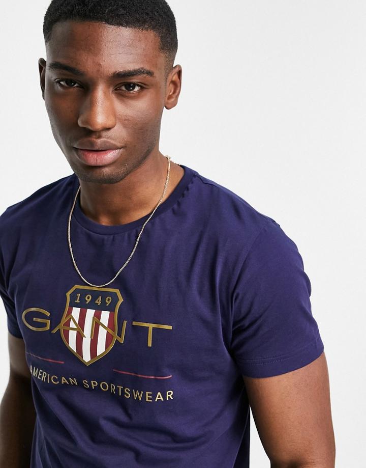 Gant Archive Shield Embroidered Logo T-shirt In Evening Navy Blue-blues