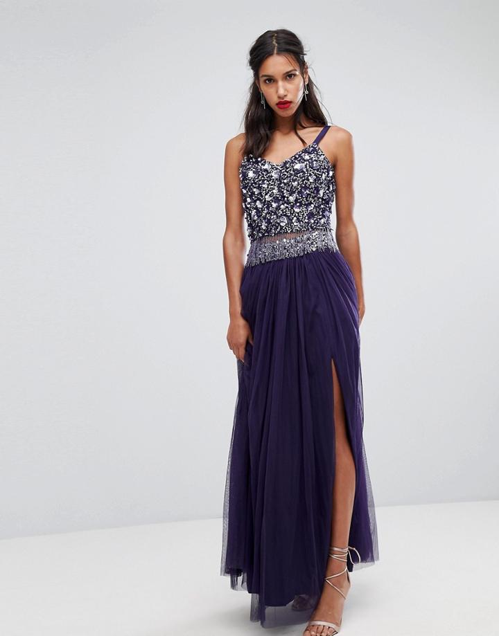 Lace & Beads Crop Top In 3d Embellishment And Tassel Trim - Purple