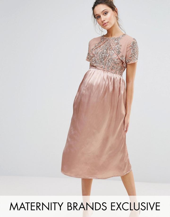 Maya Maternity Midi Dress With Satin Skirt And Embellished Bodice - Gold