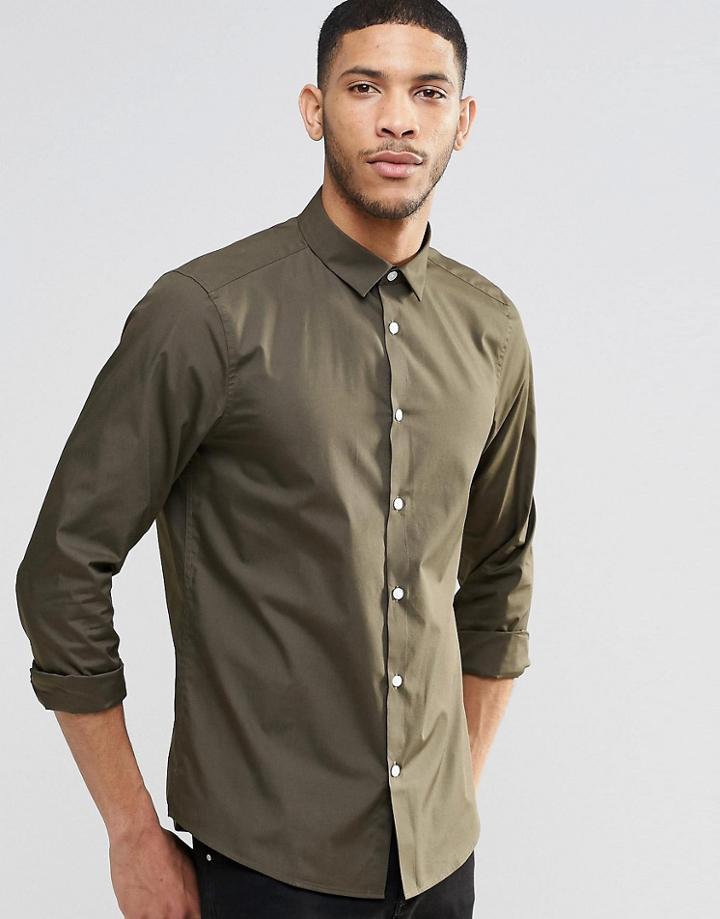 Asos Smart Shirt In Khaki With Long Sleeves - Khaki