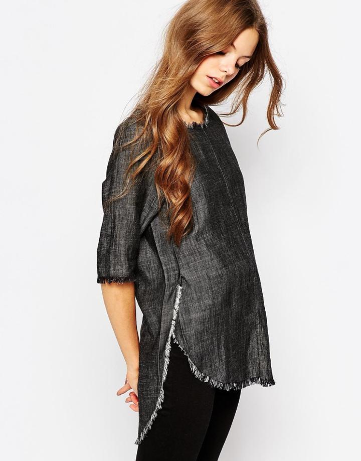 Waven Izzabella Linen Mix Denim Top With Raw Edge Detail - Sulpher Black