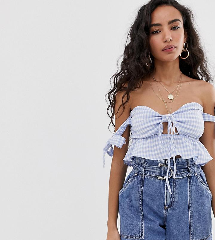 Glamorous Petite Crop Top With Tie Front In Gingham-blue