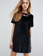 Pull & Bear Velvet Embroidered Smock Dress - Black