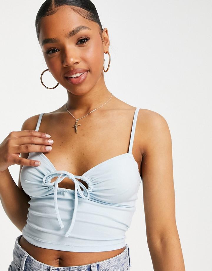 Asos Design Cami Top With Ruched Tie Detail In Pale Blue