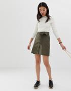 Asos Design Linen Mini Skirt With Button Through Detail-green