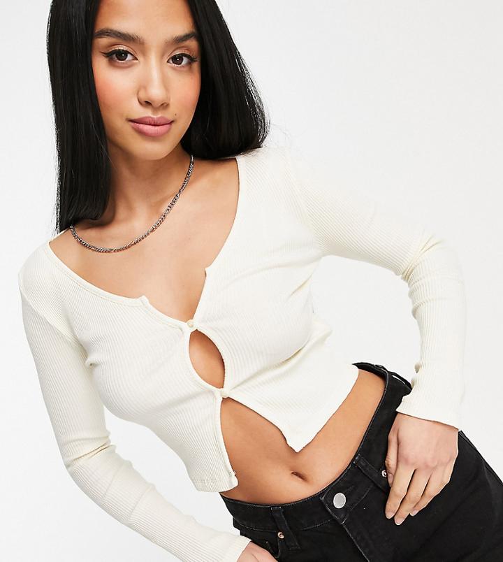 Topshop Petite Long Sleeve Button Down Tee In Ecru-white