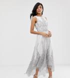 Chi Chi London Tall Premium Lace Midi Dress With Dip Hem In White - White