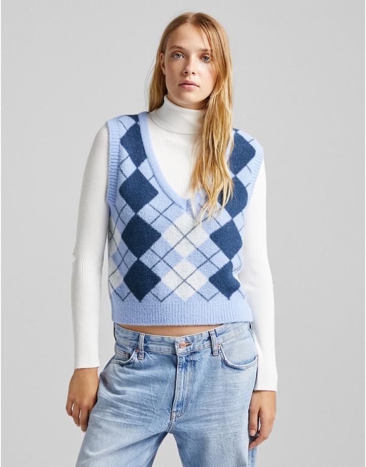 Bershka Check Knitted Tank In Blue-blues