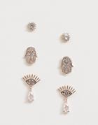 Asos Design Pack Of 3 Earrings With Cubic Zirconia Hamsa And Eye Studs In Rose Gold Tone-copper