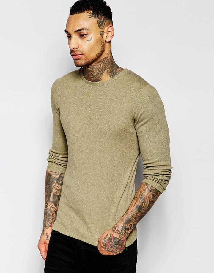Asos Rib Extreme Muscle Long Sleeve T-shirt In Green - Green