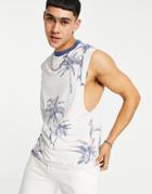 Asos Design Drop Arm Hole Tank In White With All Over Palm Print-multi