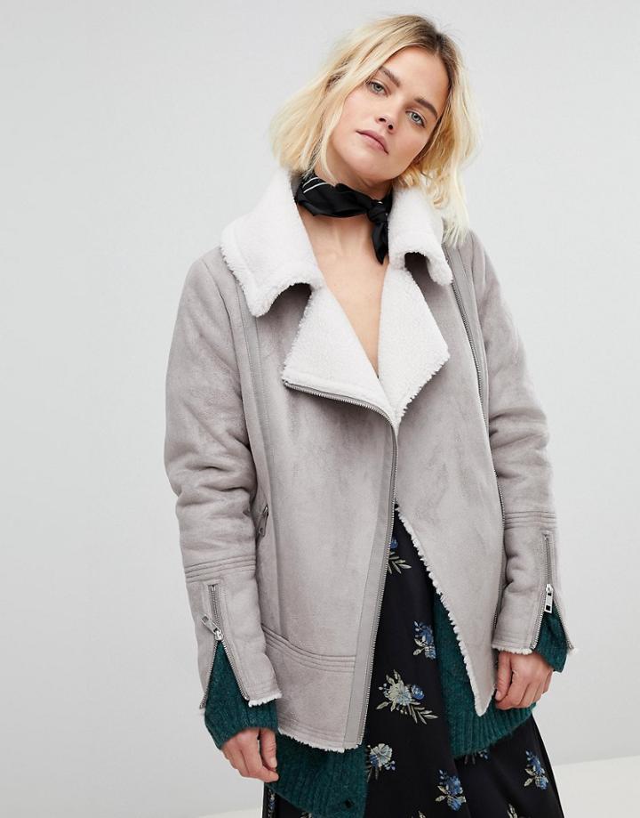 New Look Shearling Biker Jacket - Gray