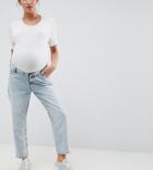 Asos Design Maternity Barrel Boyfriend Jeans In Bella Light Wash With Over The Bump Waistband - Blue