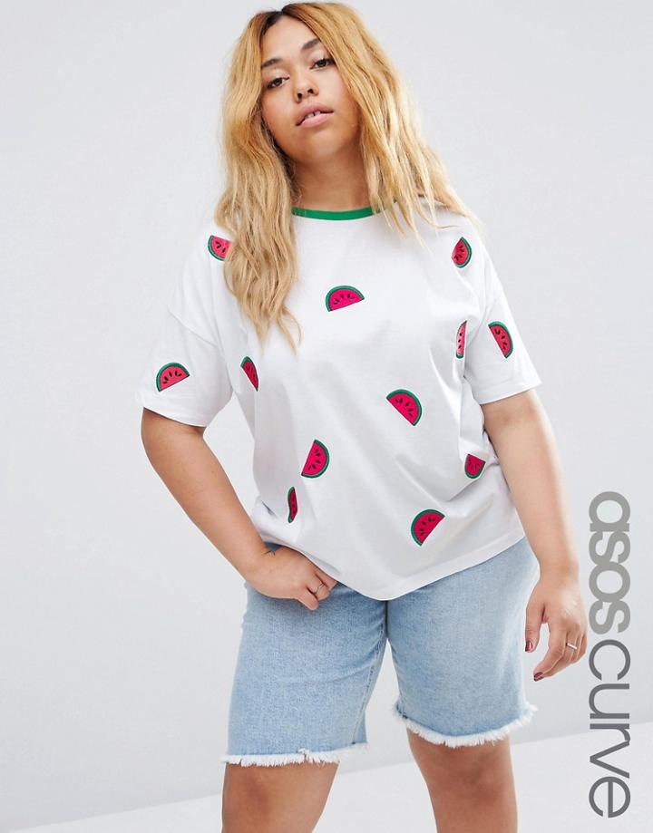 Asos Curve T-shirt With Embroidered Watermelon Badges - White