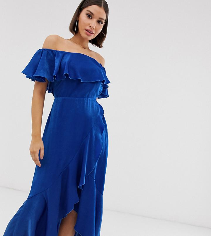 Flounce London Bardot Satin Midi Dress With Frill At Hem In Cobalt Blue