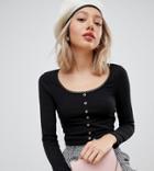 Asos Design Petite Button Front Scoop Neck Top With Long Sleeve And Trim - Black