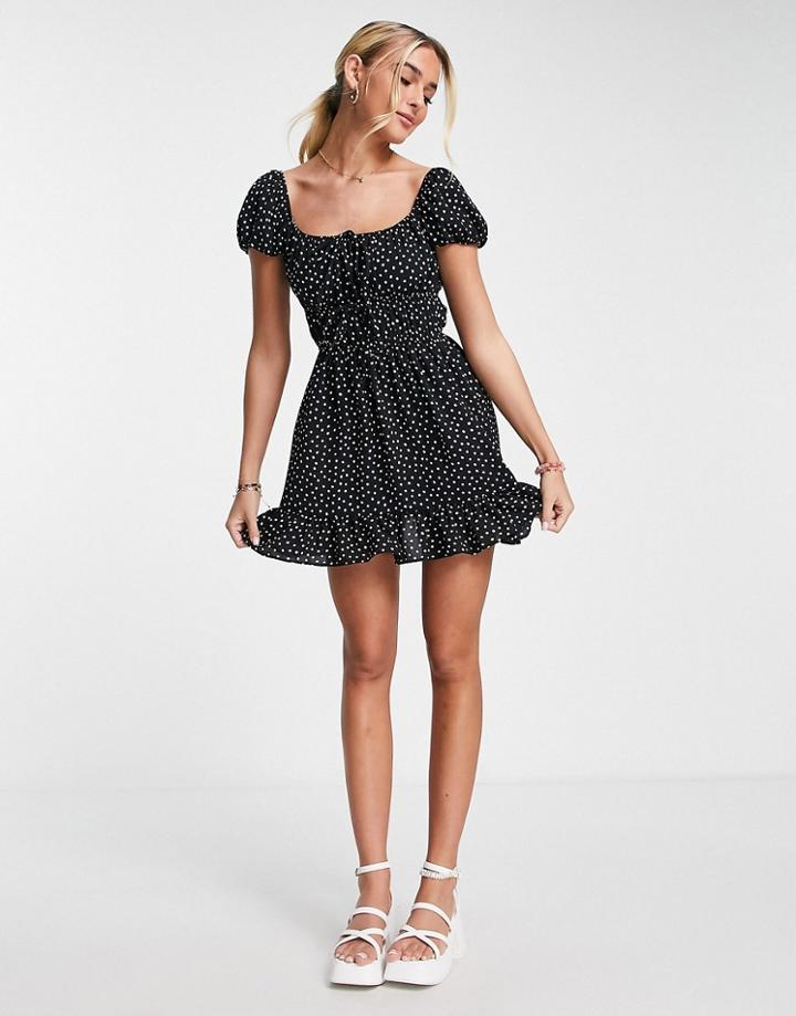 Asos Design Tie Front Short Sleeve Mini Tea Dress In Mono Spot-multi