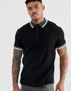 Asos Design Waffle Polo Shirt With Contrast Tipping In Black - Black