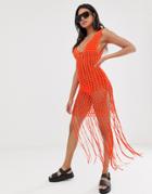 Asos Design Premium Macrame Fringe Cover Up In Neon Coral Pop - Orange