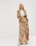 Asos Design High Waist Midi Skirt With Self Belt In Palm Print - Multi