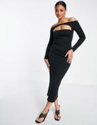 Asos Design Long Sleeve Bardot Midi Body-conscious Dress With Neck Cut Out In Black