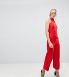 Fashion Union Tall Sleeveless Wide Leg Jumpsuit With Ruffle Collar - Red