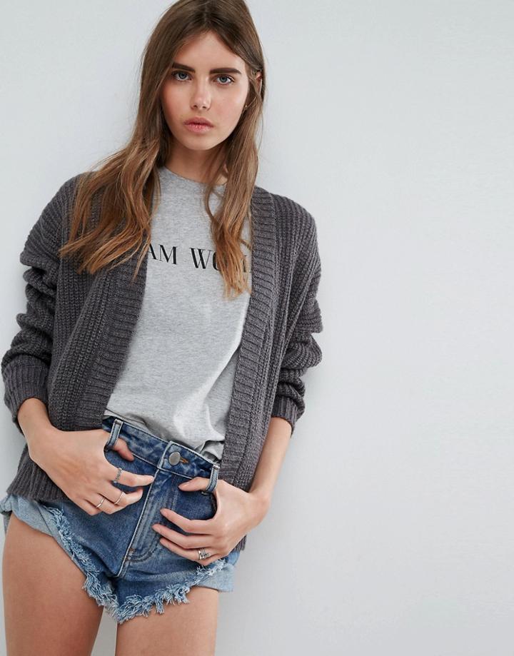 Asos Chunky Cardigan With Balloon Sleeve - Gray