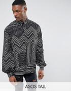 Asos Tall Regular Fit Viscose Shirt With Geo-tribal Print And Fluffed Sleeves - Black