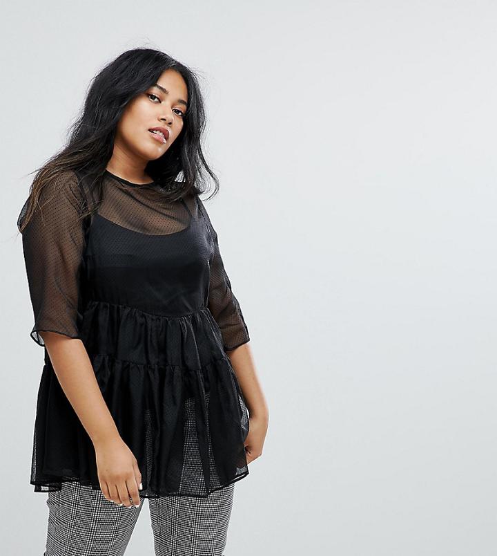 Lost Ink Plus Dobby Smock Top - Black