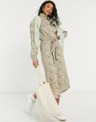 Pieces Midi Shirt Dress With Belted Waist In Green Ditsy Floral-multi