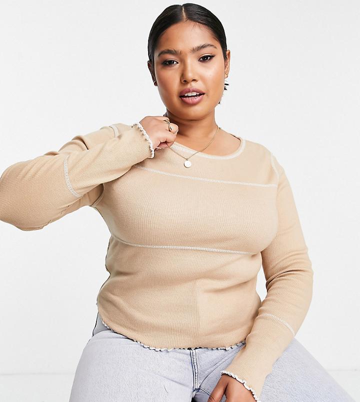 Daisy Street Plus Long Sleeve Rib T-shirt With Exposed Seam Detail-brown