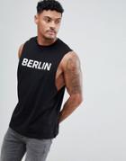 Asos Design Sleeveless T-shirt With Dropped Armhole And Berlin Print - Black