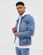 Liquor N Poker Denim Jacket With Print And Elbow Patches In Blue Wash - Blue